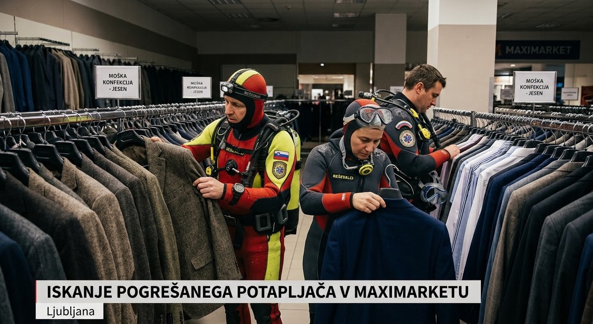 Reševalci preiskujejo oddelek z moško konfekcijo v Maximarketu.