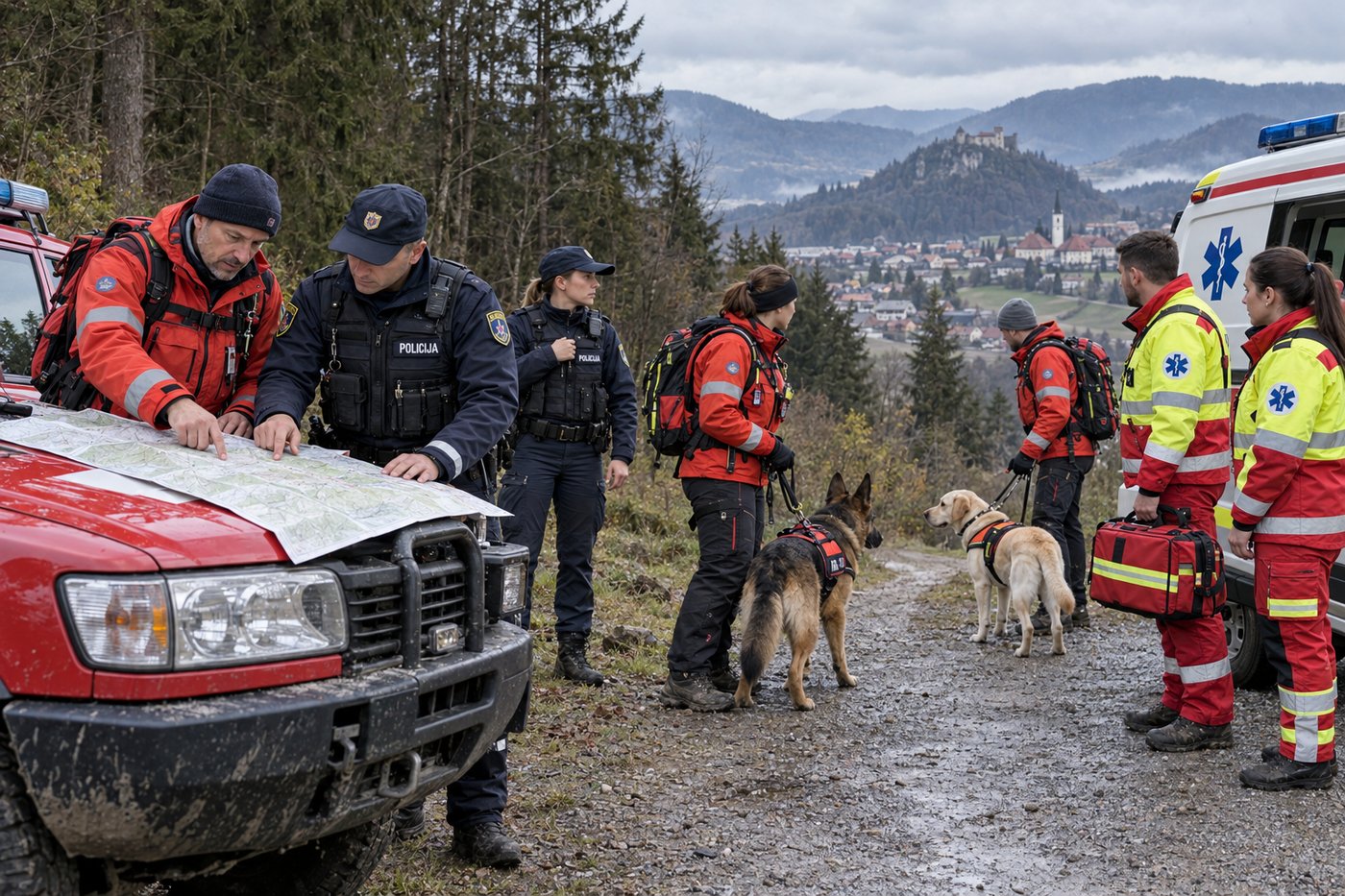 Reševalci in policisti med usklajevanjem iskalne akcije v okolici Celja.