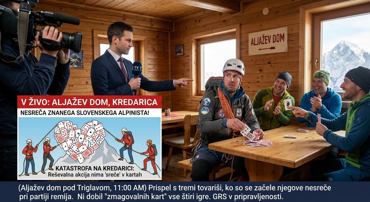 Prenos v živo iz Aljaževega doma: alpinist s tovariši za mizo med partijo remija.