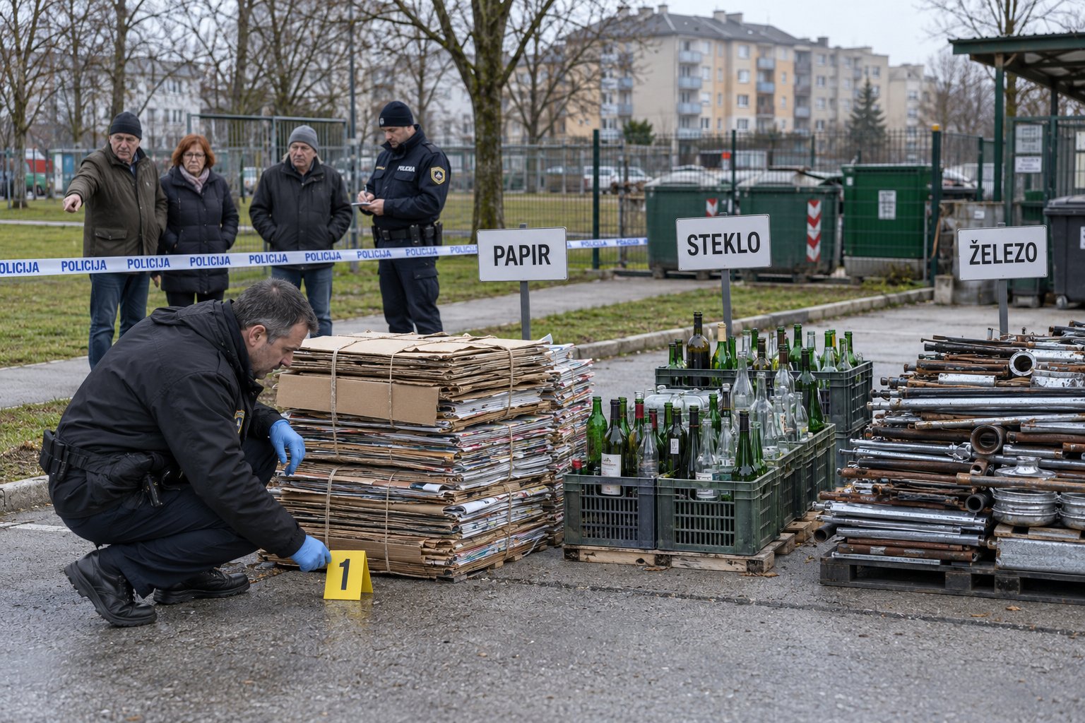 Kriminalist pregleduje ločeno zbrane odpadke na oskrunjenem smetišču v Šiški.