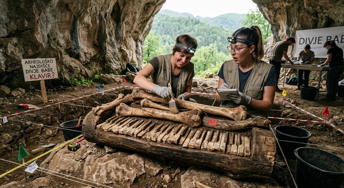 Arheologinji ob ostankih neandertalčevega klavirja v najdišču Divje babe.