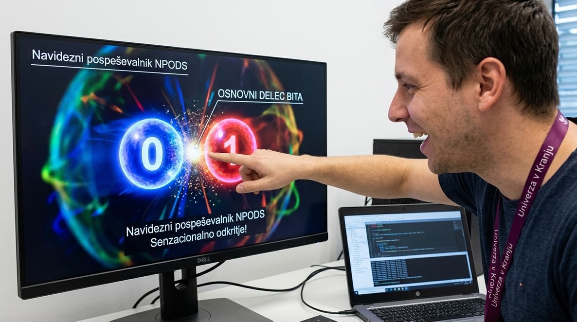 Raziskovalec ob prikazu trka dveh bitov v navideznem pospeševalniku NPODS.
