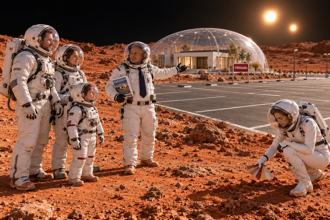 Nepremičninski posrednik mladi družini razkazuje stanovanje pod kupolo na novem planetu.