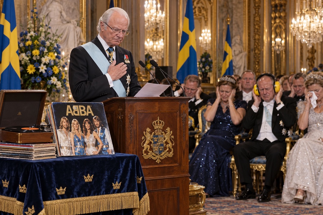 Švedski kralj Karel XVI. Gustav med nagovorom na slovesni akademiji.