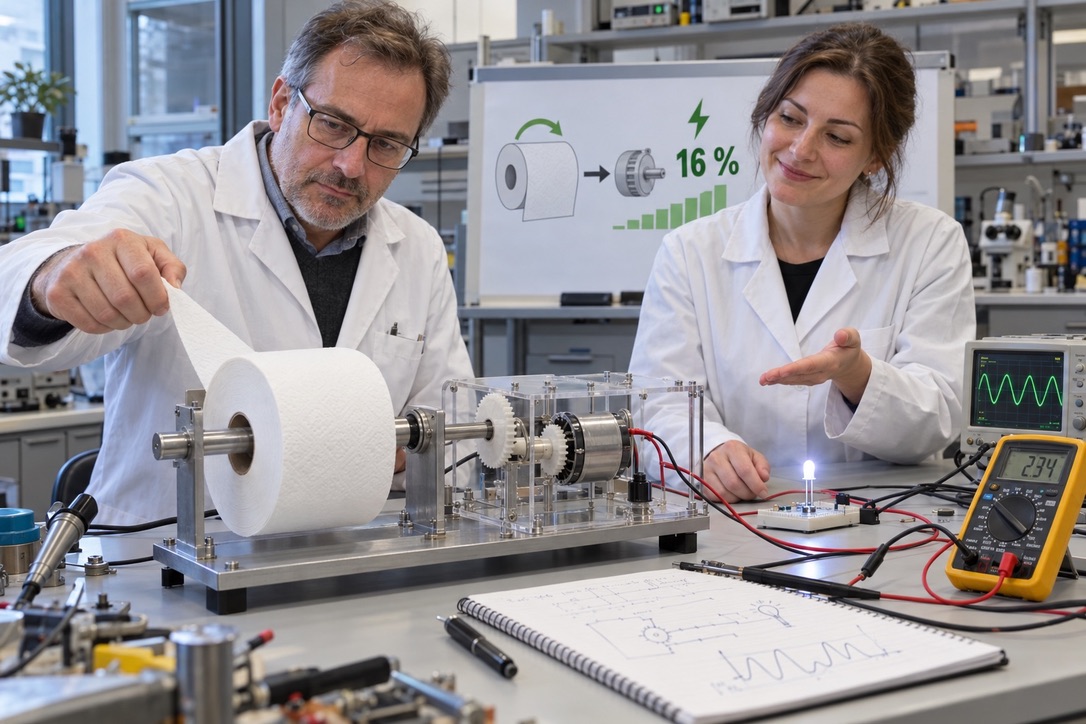 Raziskovalca ob prototipu generatorja v laboratoriju fakultete.